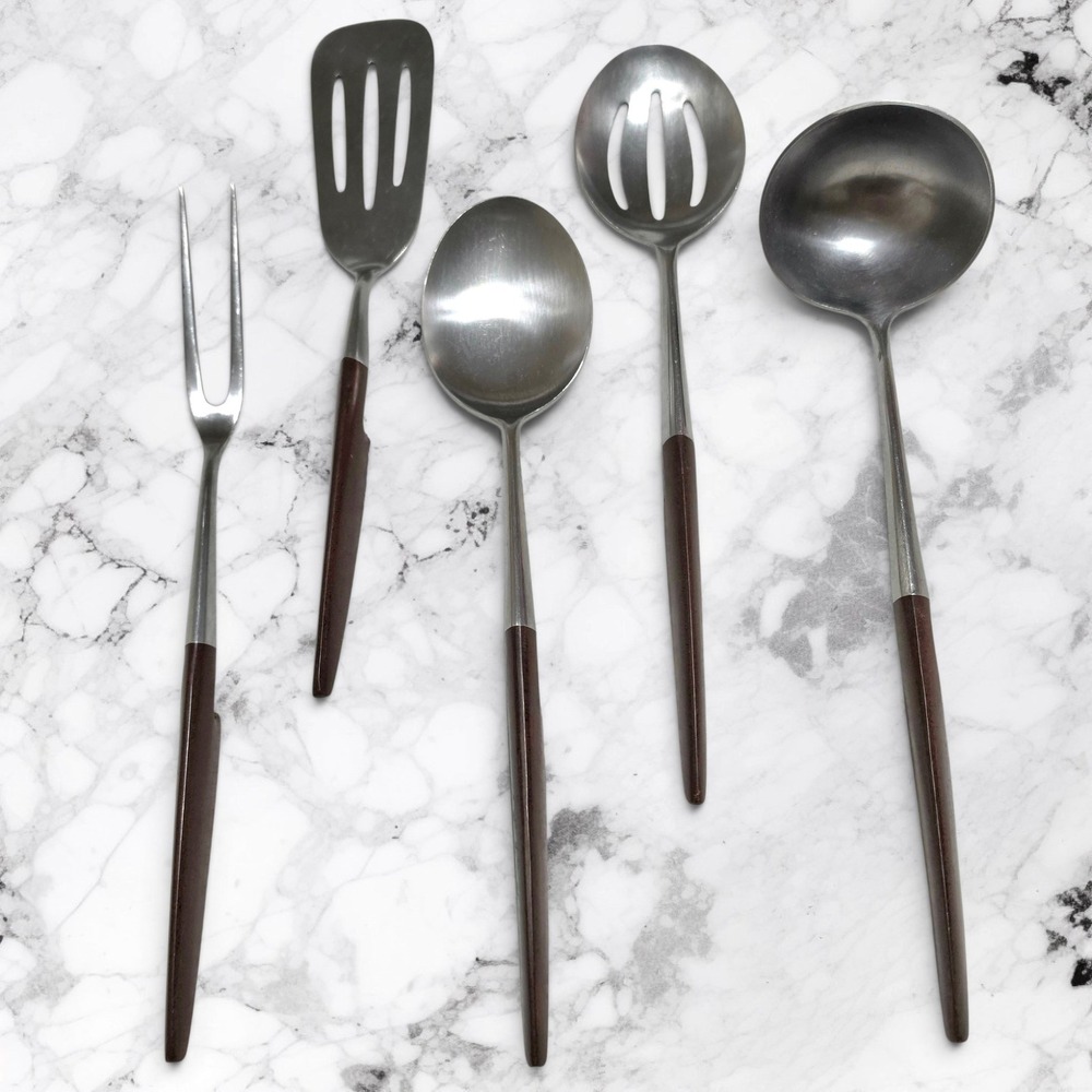 Ekco Eterna MCM Canoe Muffin Serving Utensil Set Stainless Faux Wood 5pc